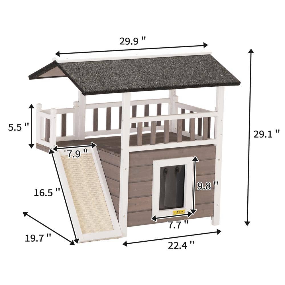 Medium Gray and White Wooden Outdoor Cat House with Balcony