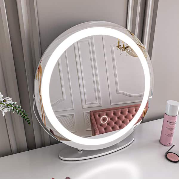 ORGANNICE 18.9 in. W x 18.9 in. H LED Round Framed White Make Up Mirror Table Dresser Mirror