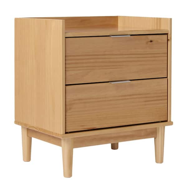 2-Drawer Natural Pine Solid Wood Mid-Century Modern Tray-Top Nightstand
