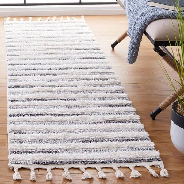 Moroccan Tassel Shag 2 ft. x 8 ft. Ivory/Gray Striped High-Low Runner Rug