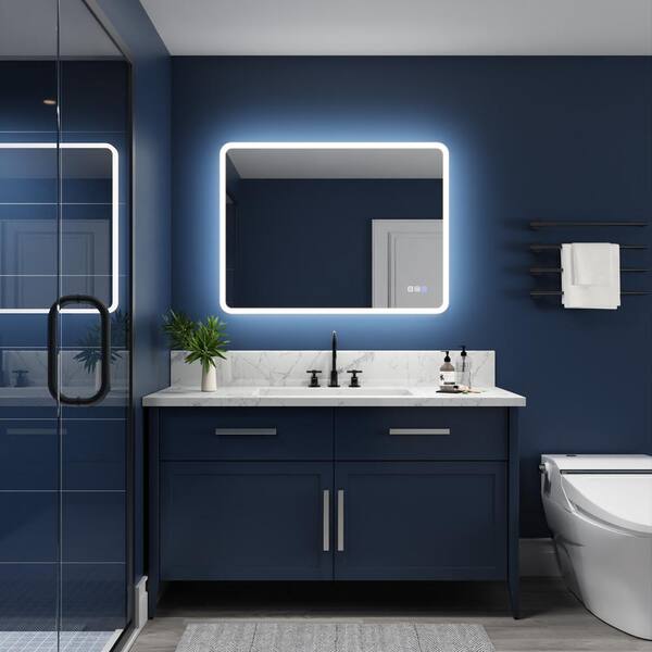 48 in. W x 36 in. H Rectangular Framed Wall Bathroom Vanity Mirror in Navy Blue