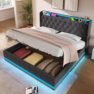 Gray Wood and Metal Frame Upholstered Linen King Platform Bed with Hydraulic Storage, USB Charging and 360° LED Light