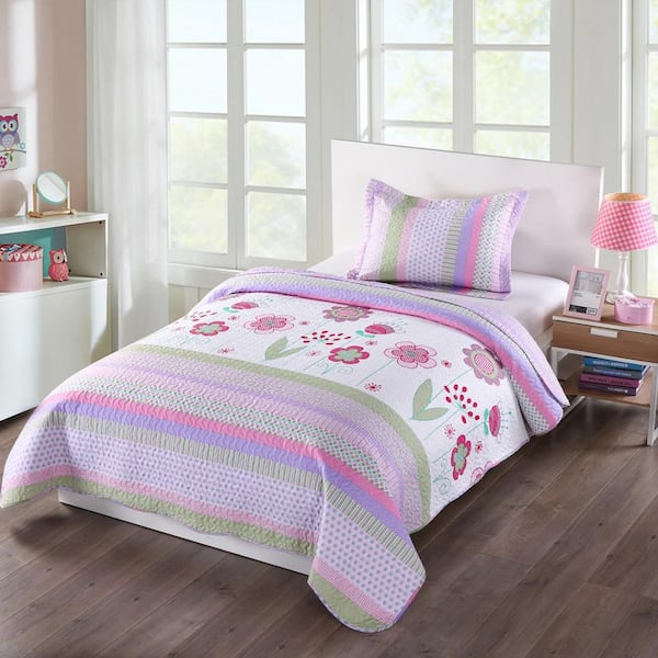 MarCielo A14 Pink Floral Twin Size Polyester Quilt Bedspread Set