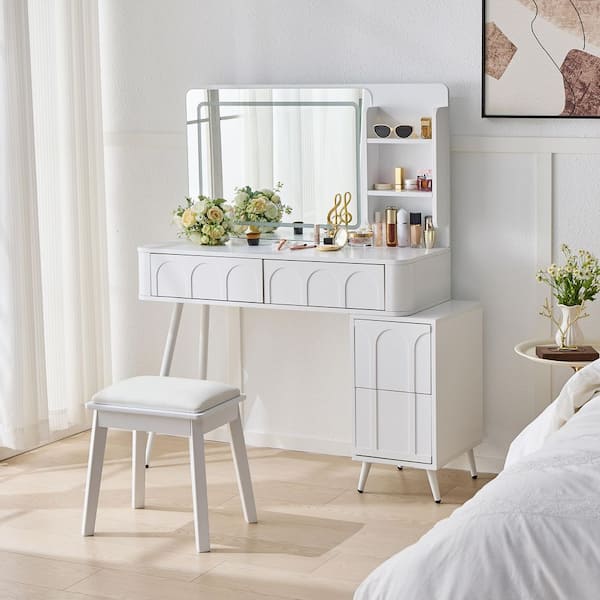 White 40 in. W Makeup Vanity with 4 Drawers and Mirror, Dresser Table Set with Stool
