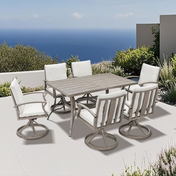 RUIZI AluLux 7-Piece White Oak Aluminum Outdoor Dining Set with 6-Swivel Dining Chairs, Rectangular Table and Beige Cushions