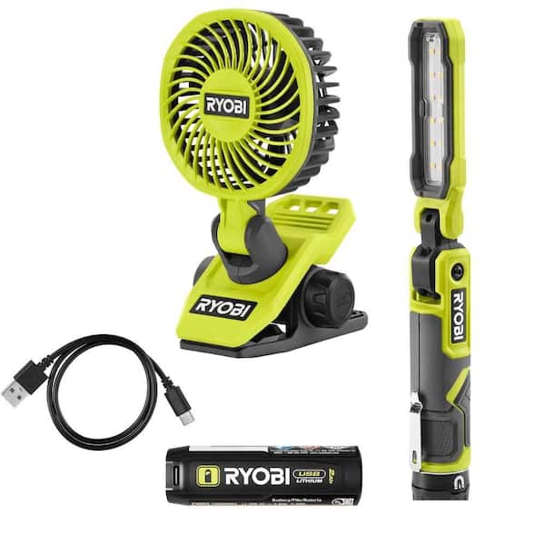USB Lithium Cordless 550 Lumens Rechargeable Inspection Flashlight Kit with USB Lithium Cordless Clamp Fan