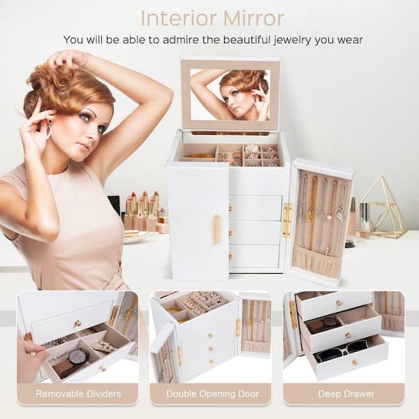 Jewelry Box White Rectangular Large PU Leather Jewelry Storage