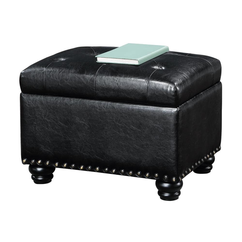 Black Tufted Storage Ottoman with Nailhead Trim