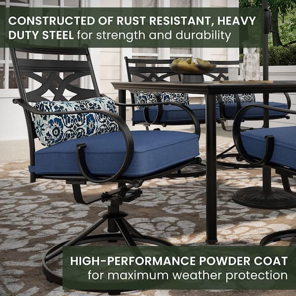 Montclair 7-Piece Steel Outdoor Dining Set with Navy Blue Cushions, 6 Swivel Rockers, 40 in. x 66 in. Table and Umbrella
