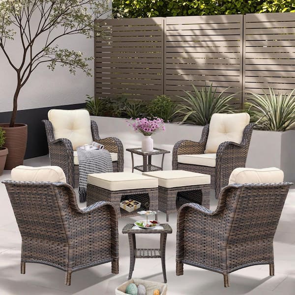 Xingzjojor Brown 8-Piece Wicker Outdoor Patio Conversation Seating Armchair Set Beige Cushions with Ottoman and patio cover
