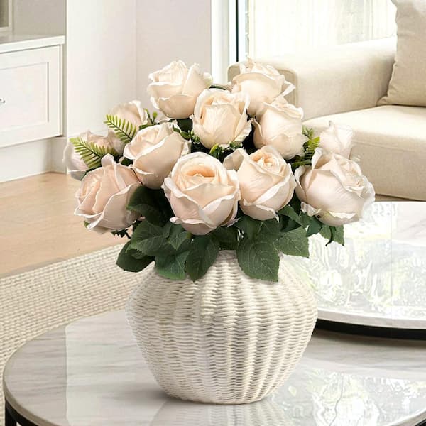 LIVING LUXURY 19 in. Pastel Ivory Artificial Rose Flower Stem Bush