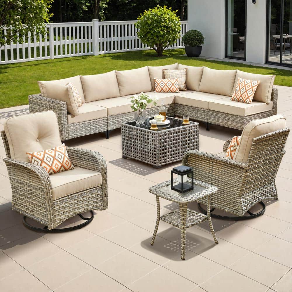 Vinceny Gray 10-Piece Wicker Patio Conversation Set with Beige Cushions and Swivel Chairs price history on PriceWatchPro