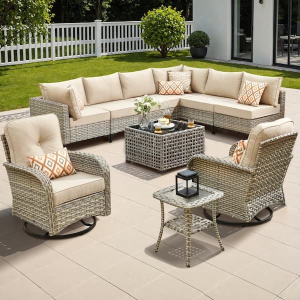 Vinceny Gray 10-Piece Wicker Patio Conversation Set with Beige Cushions and Swivel Chairs