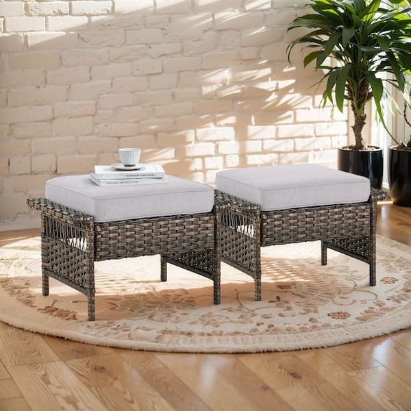 Brown Wicker Outdoor Ottoman, PE Rattan Ottoman with Beige Cushions for Patio Backyard Porch (2-Pack)