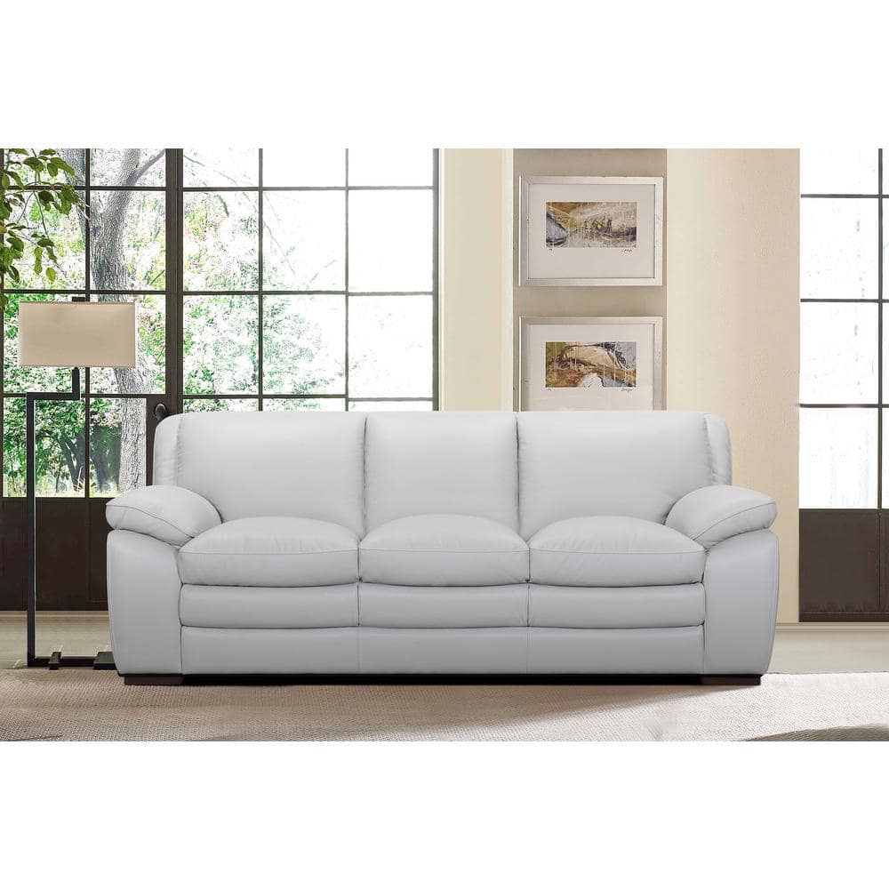 Zanna 91.5 in. Round Arm Leather Curved Sofa in Dove Gray with Brown Wood L