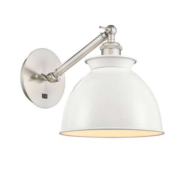 Adirondack 1-Light Brushed Satin Nickel, Glossy White Wall Sconce with White Metal Shade