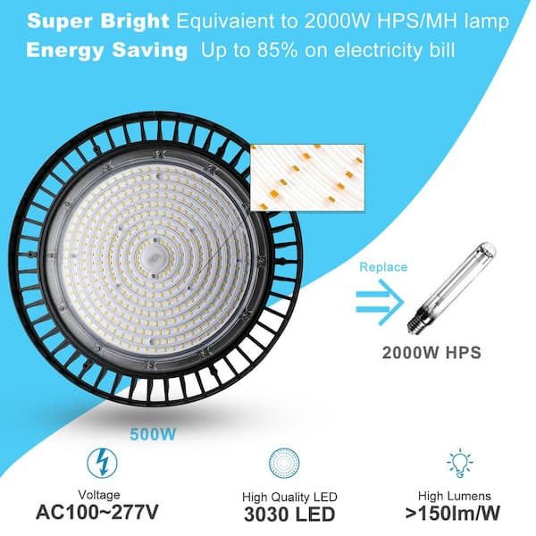 bulbeats 500-Watt LED High Bay Light 75000LM High Bay LED Shop Lights AC100-277V Commercial Bay Lighting for Warehouse (2-Pack)