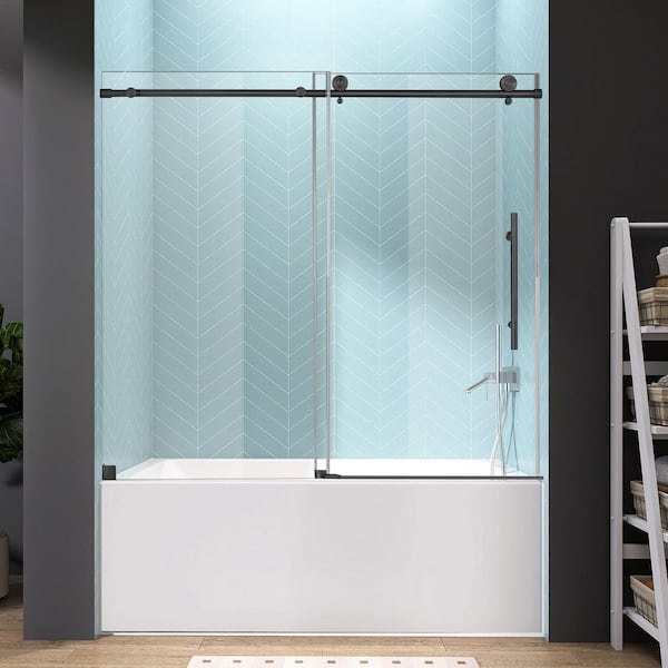 60 in. W x 60 in. H Single Sliding Frameless Tub Door in Matte Black with 5/16 in. (8 mm) Clear Tempered Glass