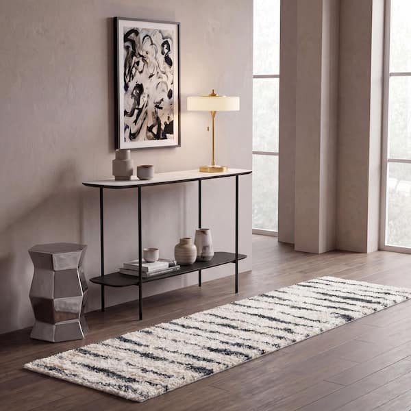 Venus Shag 2 ft. x 10 ft. Ivory/Dark Gray Solid Color Striped Runner Rug