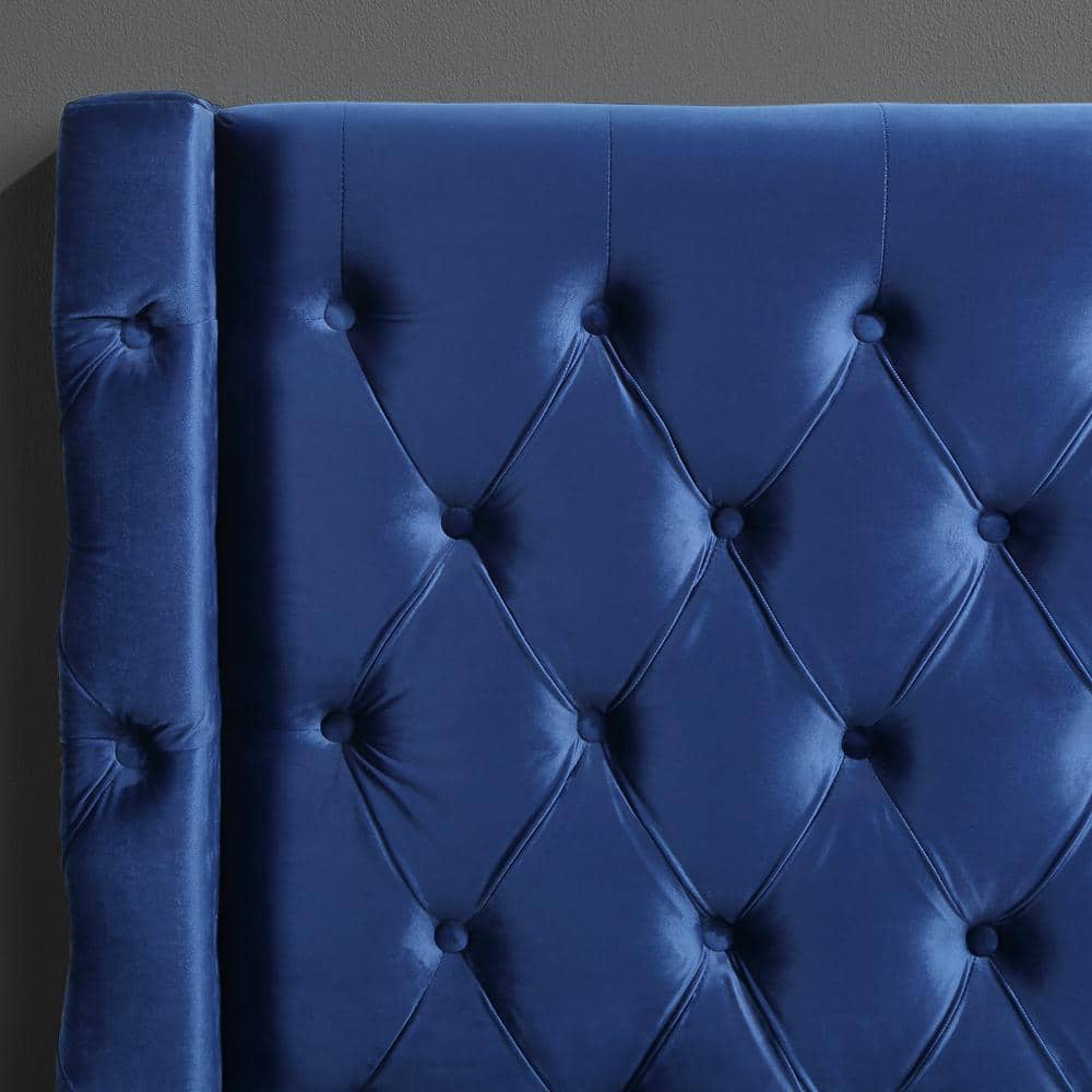 King Blue Velvet Upholstered Platform Bed with Tufted Headboard