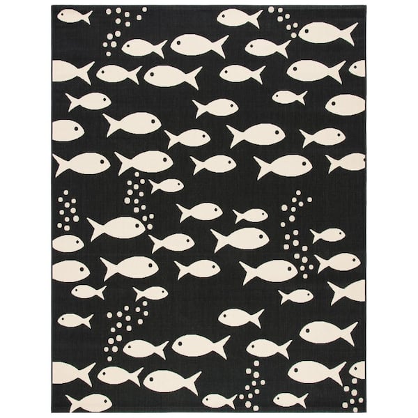 Courtyard Black/Beige 10 ft. x 14 ft. Novelty Fish Indoor/Outdoor Area Rug