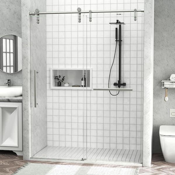 56-60 in. W x 75.5 in. H Sliding Frameless Glass Shower Door, Handle and Seal Strip for Waterproof, Towel Bar