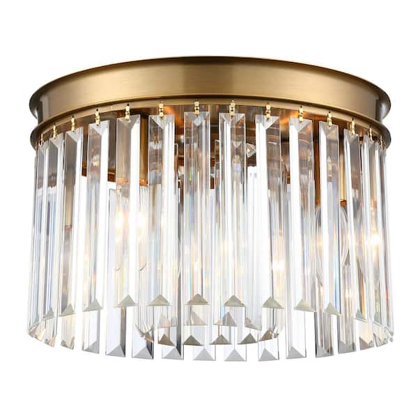 pasentel 12 in. 3-Light Modern Gold Round Flush Mount Ceiling Light with 2 Tiers Clear Crystal Shades