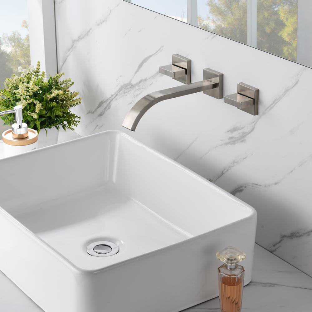 Brushed Nickel Wall Mount Double Handle Bathroom Faucet