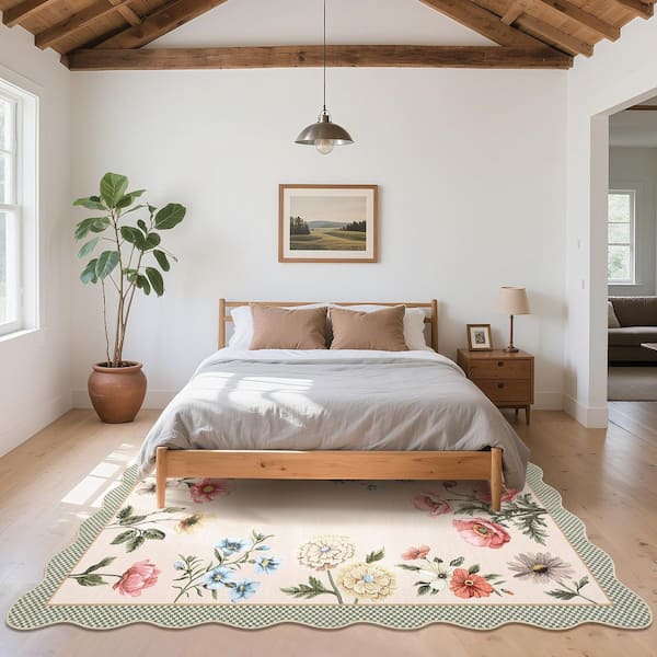 Camel 9 ft. x 12 ft. Floral Scalloped Rug Low Pile Non-Slip Polyester for Living Rooms and Bedrooms