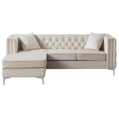Paige 87 in. Ivory Tufted Velvet Sectional with 2-Throw Pillows