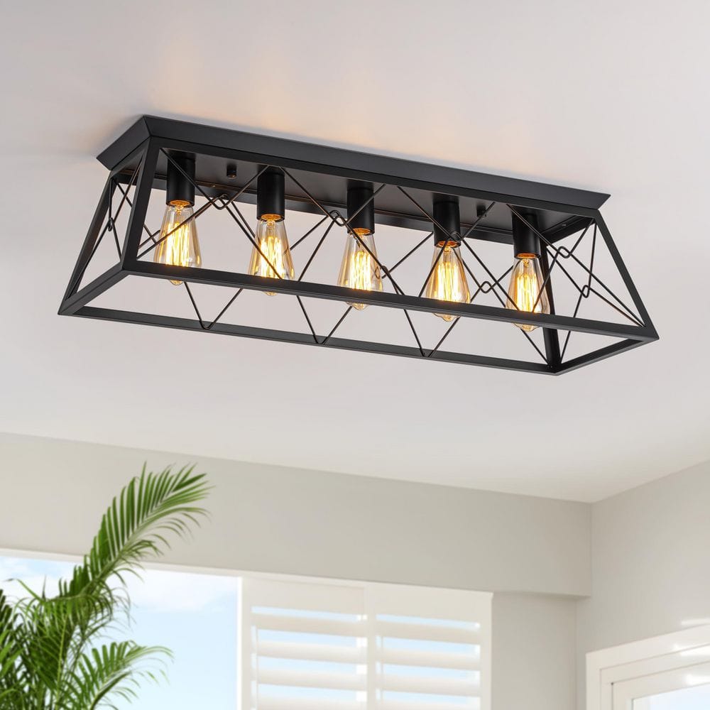 32 in. Black Farmhouse Flush Mount Ceiling Light, 5-Light Industrial Metal Cage Fixture for Kitchen Island, Hallway price history on PriceWatchPro