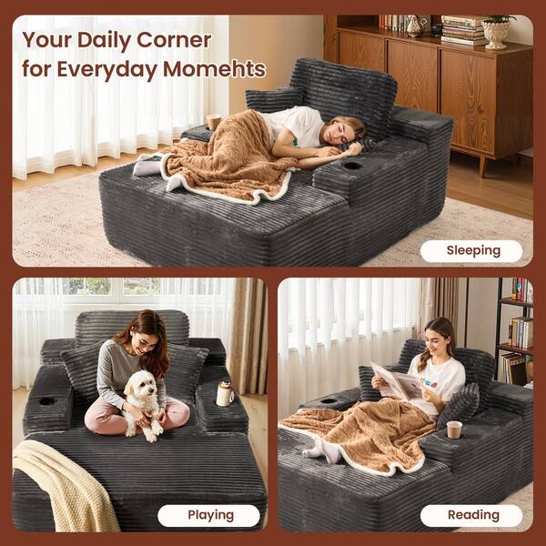 Allwex JOT 67 in. Square Arm Plush Corduroy Rectangle Chaise