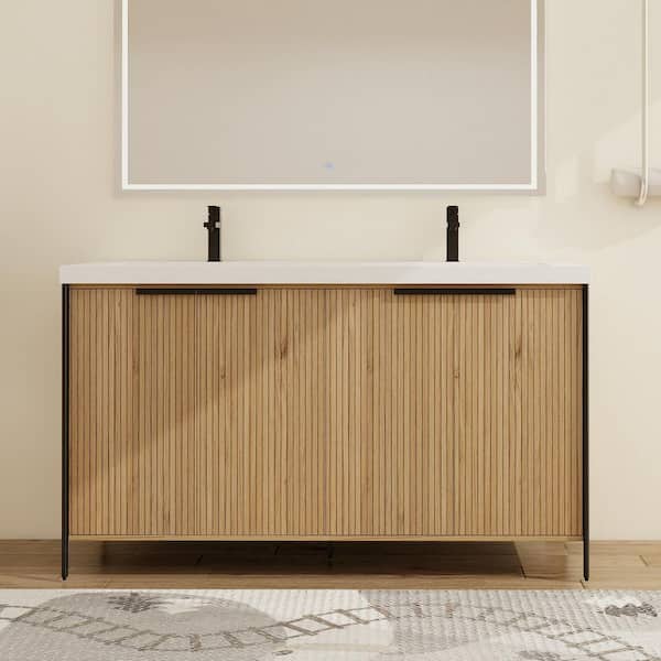 ARTCHIRLY 59.1 in. W x 19.7 in. D x 34.9 in. H Freestanding Bath Vanity in Beige with White Resin Vanity Top