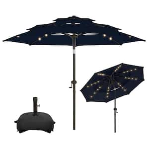 9 ft. 3 Tiers Aluminum Solar Led Market Umbrella Outdoor Patio Umbrella with Base and 32 LED Lights in Navy Blue