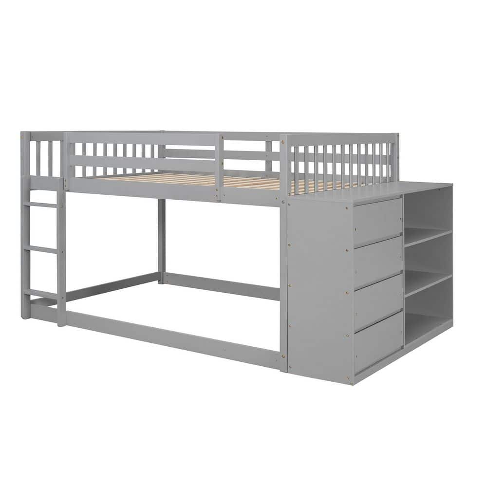 ANBAZAR Gray Full Over Full Wood Bunk Bed Frame with Storage Cabinet, 4 ...