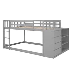 Gray Full Over Full Wood Bunk Bed Frame with Storage Cabinet, 4-Drawers and 3-Shelves