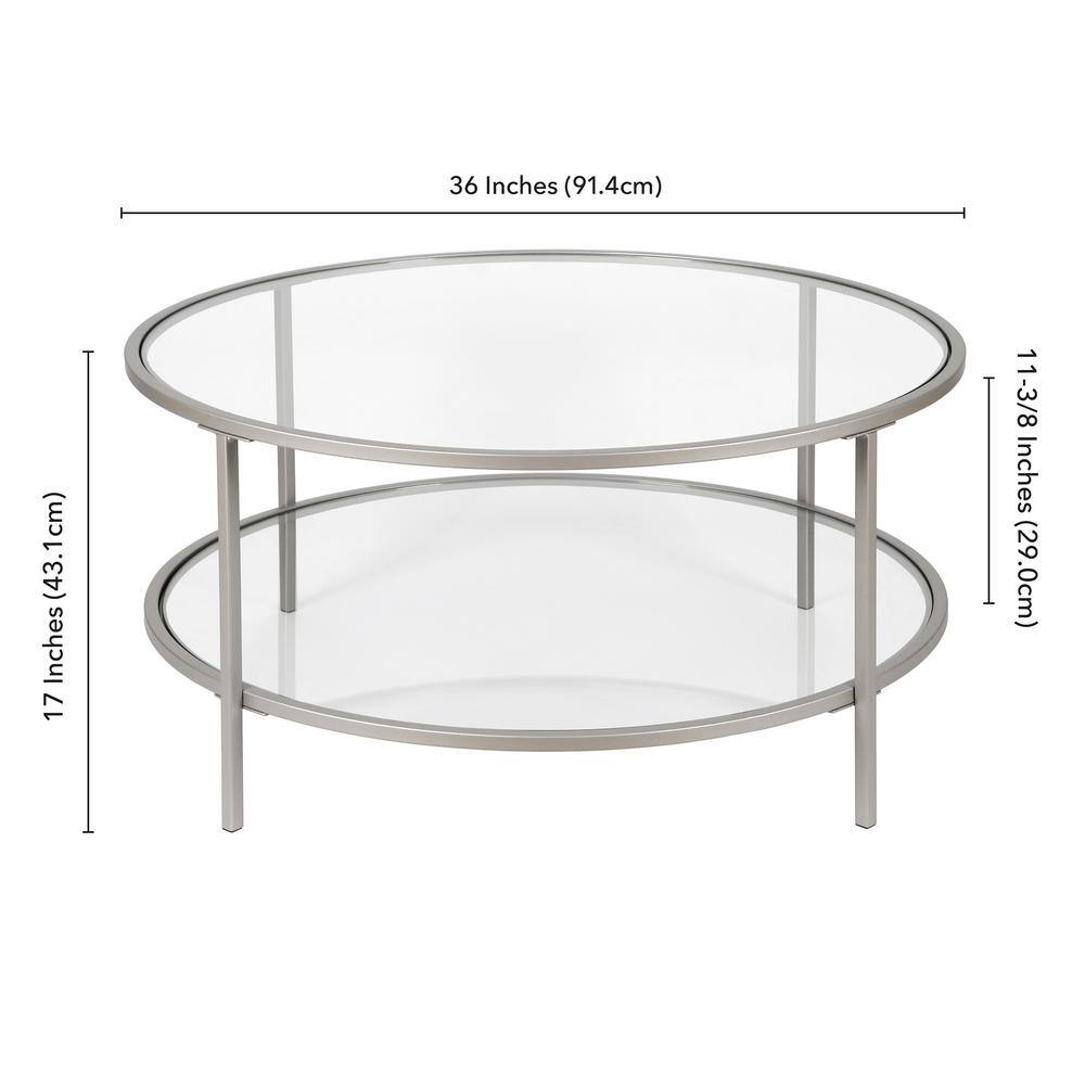 Round Nickel and Glass Coffee Table with Shelf