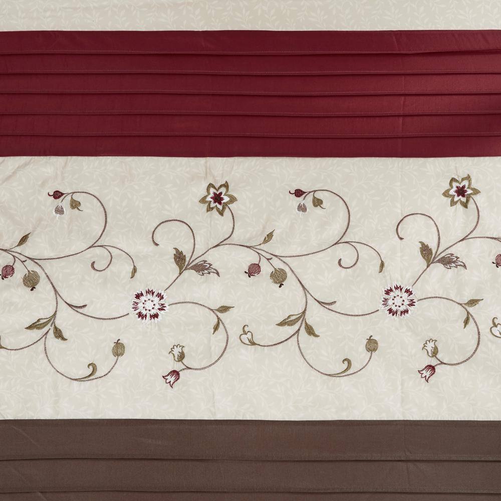 Red and Beige Faux Silk Embroidered Floral Shower Curtain