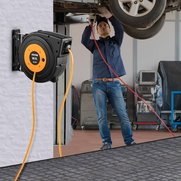 50 ft. 14AWG/3C 13 Amp Retractable Extension Cord Reel with Lighted Triple Tap Outlet 180° Swivel Bracket for Wall Mount