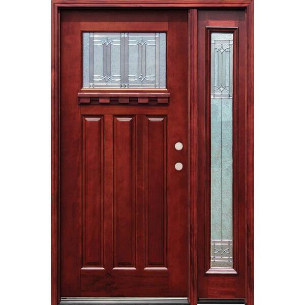 Pacific Entries 54 in. x 80 in. Diablo Craftsman 1 Lite Stained Mahogany Wood Prehung Front Door with Dentil Shelf & One 14 in. Sidelite