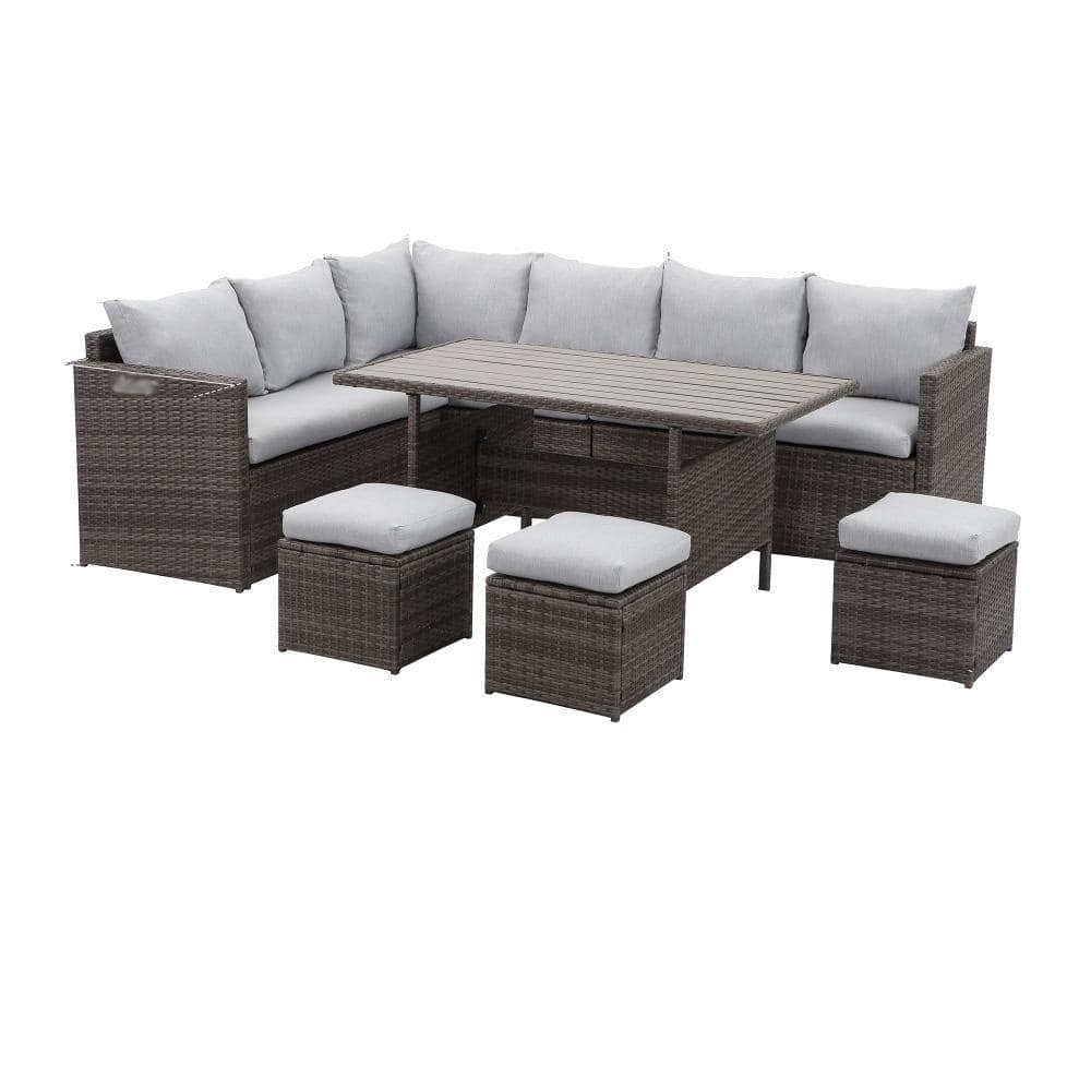 7-Piece Brown Wicker Outdoor Dining Set, Modular Sofas Furniture Set, with 