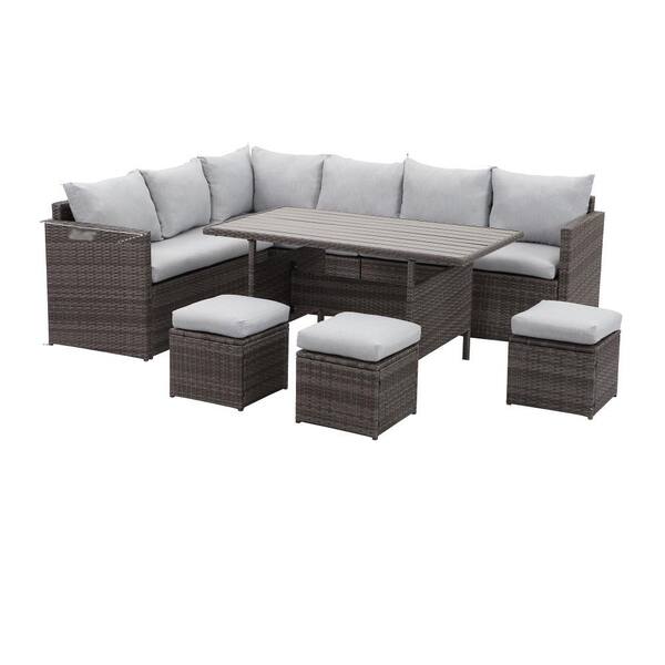 7-Piece Brown Wicker Outdoor Dining Set, Modular Sofas Furniture Set ...