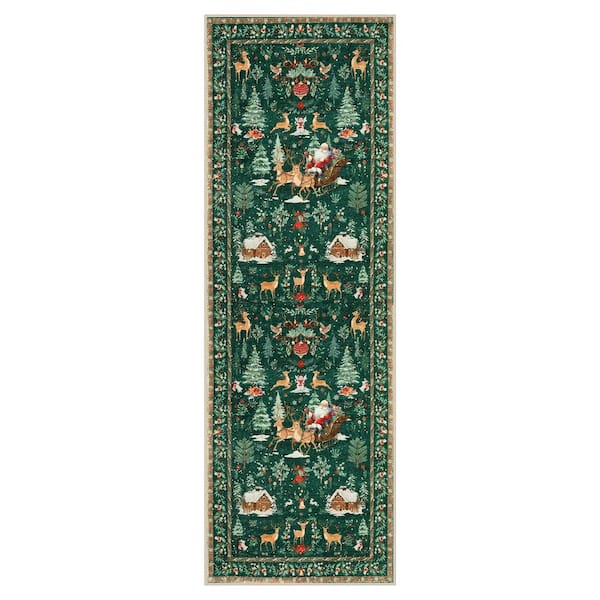 2 ft. x 6 ft. Green Holiday Woodland Washable Runner Rug