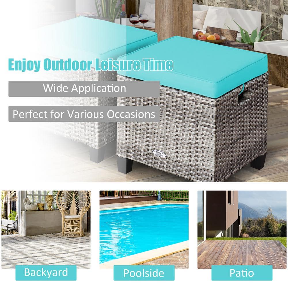 Turquoise Cushioned Rattan Outdoor Ottoman Stool Set