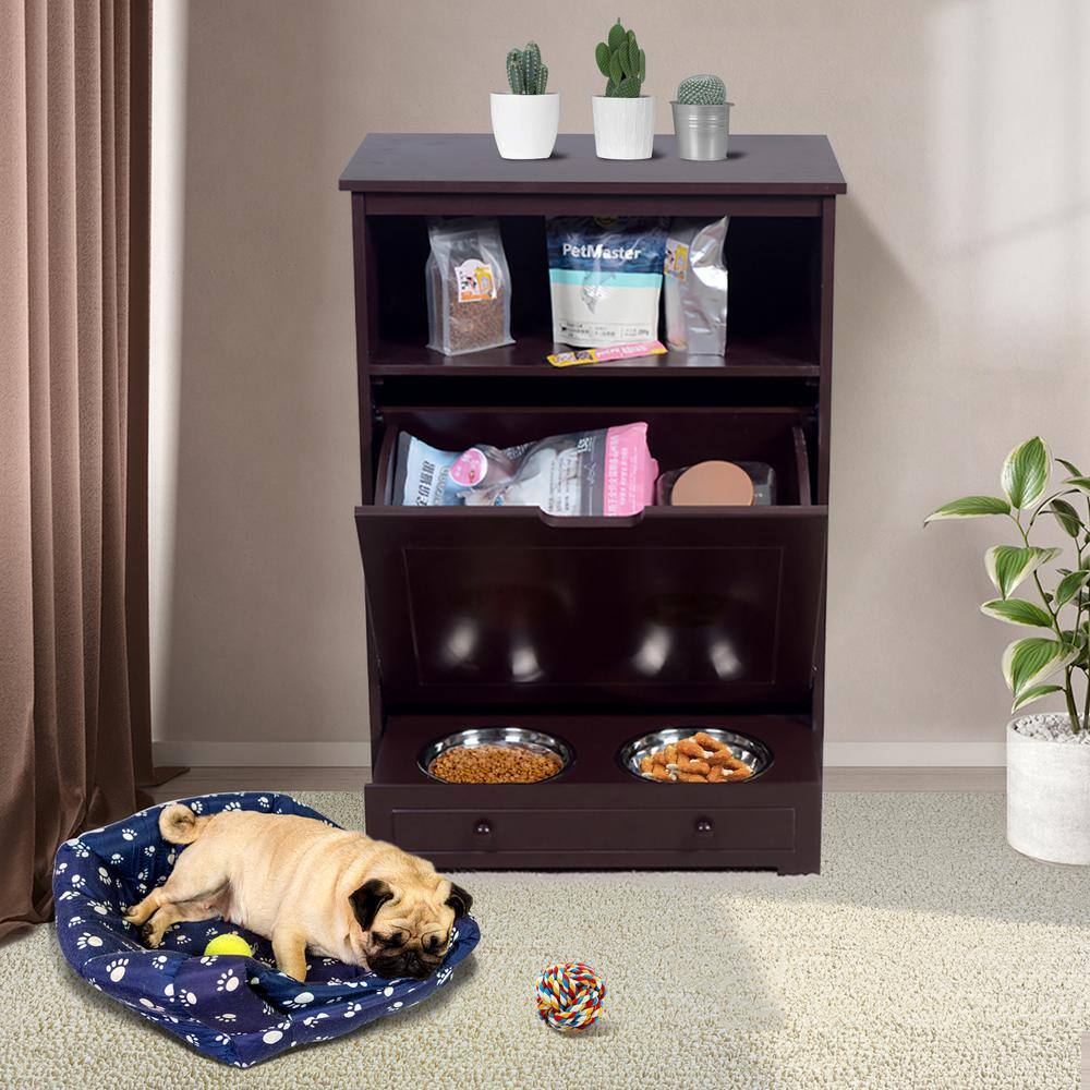Brown MDF Elevated Dog Feeder Station with Storage