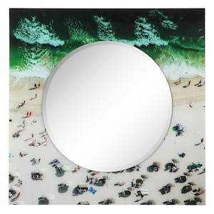 36 in. x 36 in. Beach Round Framed Printed Tempered Art Glass Beveled Accent Mirror