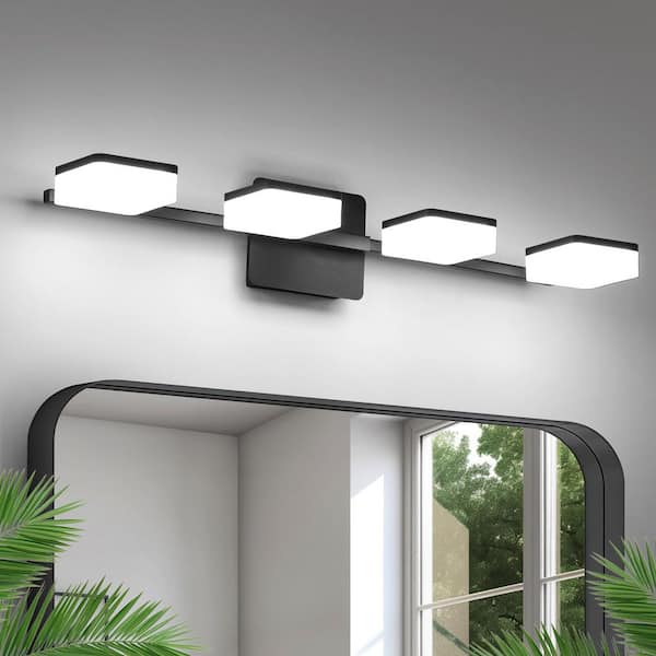27.36 in. 4-Light Black LED Vanity Light with Dimmable 5500K Light and 350° Swivel Range Acrylic Lampshade