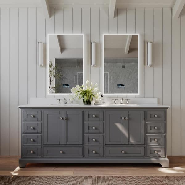 Ancerre Designs Audrey 84 in. W x 22 in. D x 34.3 in. H Double Sinks Bath Vanity in Sapphire Gray with Alpine White Quartz Top