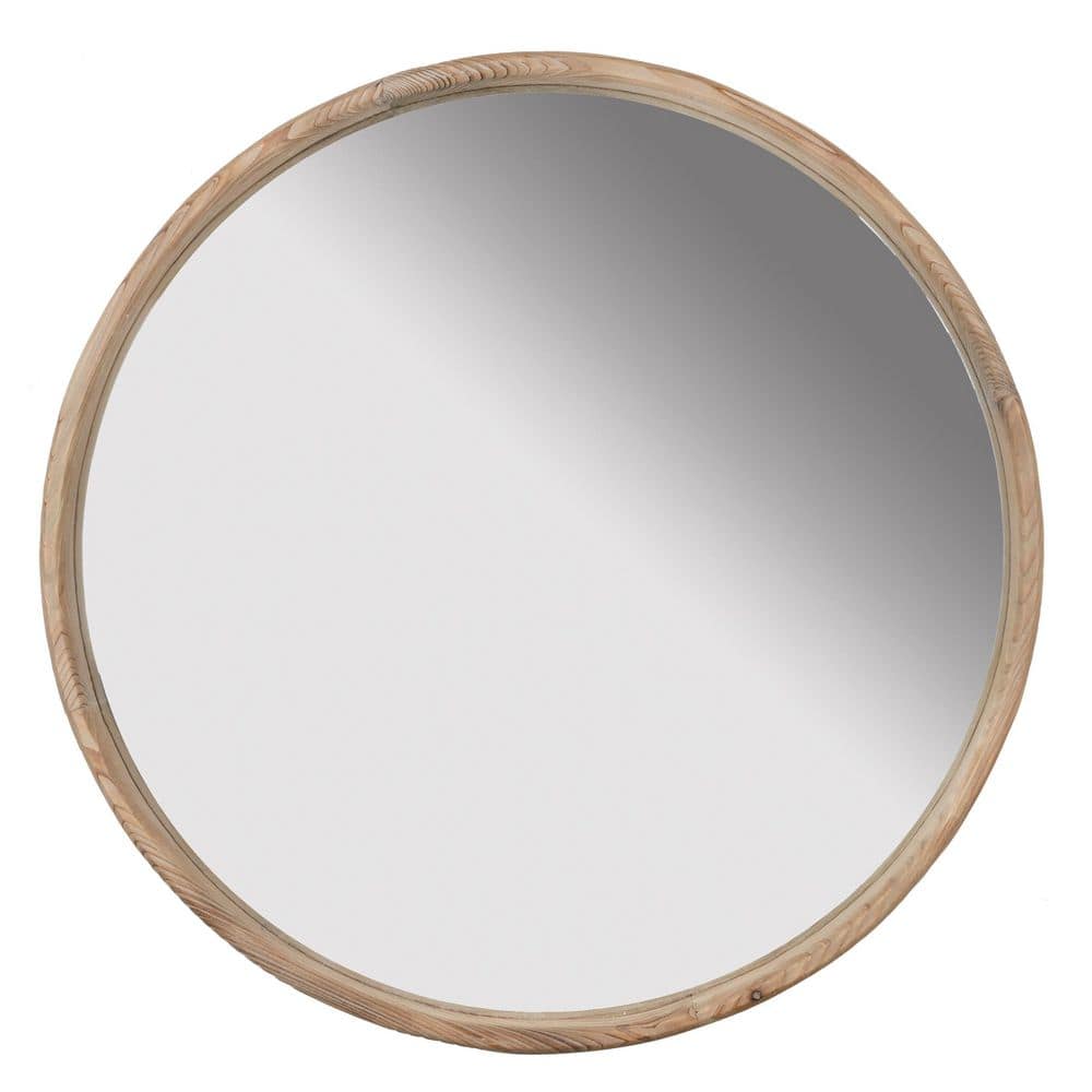 Brown 2.00 in. W x 27.50 in. H Minimalist Natural Wood Frame Round Wall Mirror for Living Room Bathroom Decor Accent