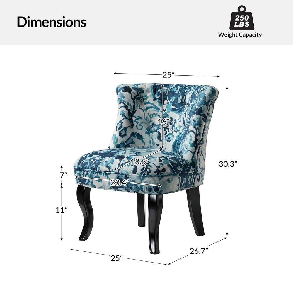 Indigo Floral Velvet Accent Chair with Black Wooden Legs